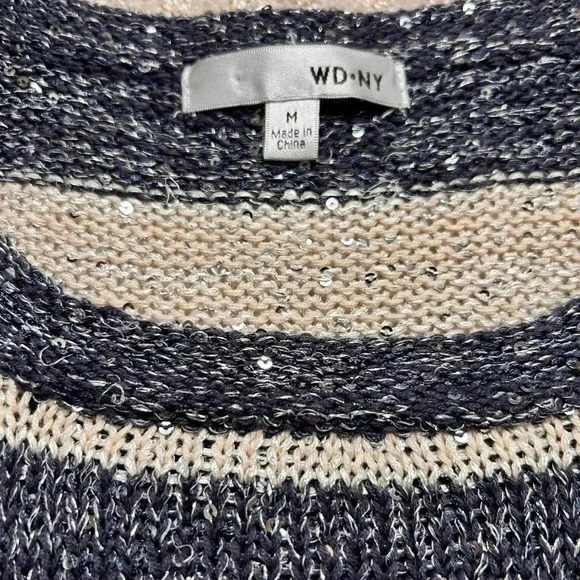 Sequinned striped knit short sleeve sweater, Medium, cream & blue Coastal Preppy - Picture 3 of 8